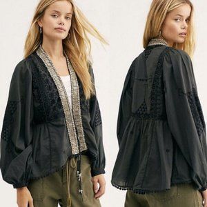 NWT Free People XS Jasmine Embellished Embroidered Bed Jacket Black Gold Asian